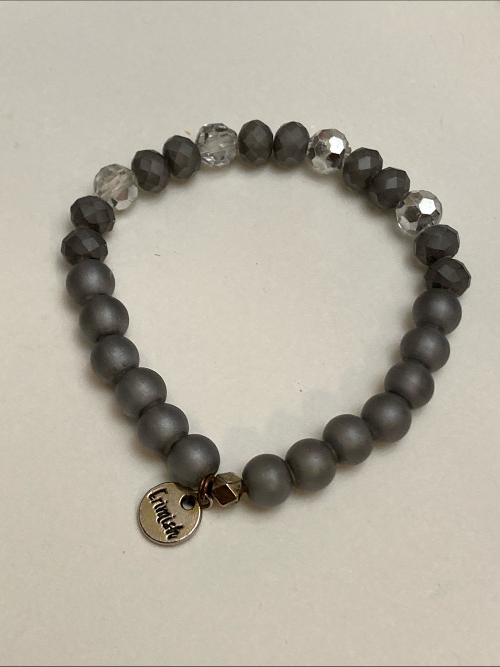 Erimish Matte Gray Stretch Beaded Bracelet with Clear Accents